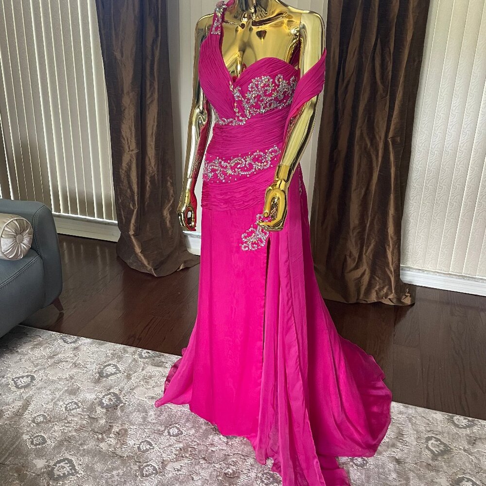 Fuchsia One-Shoulder Formal Dress - Size 0 - Beaded Ruched Train